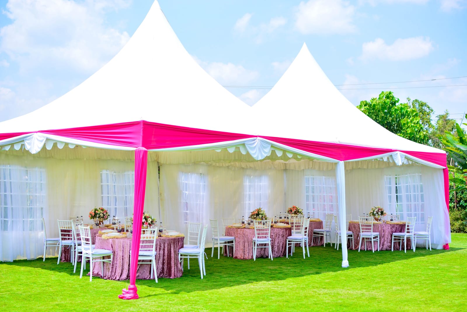 White peaked tents trimmed in pink with dusty rose round tables and white chiavari chairs on the lawn
