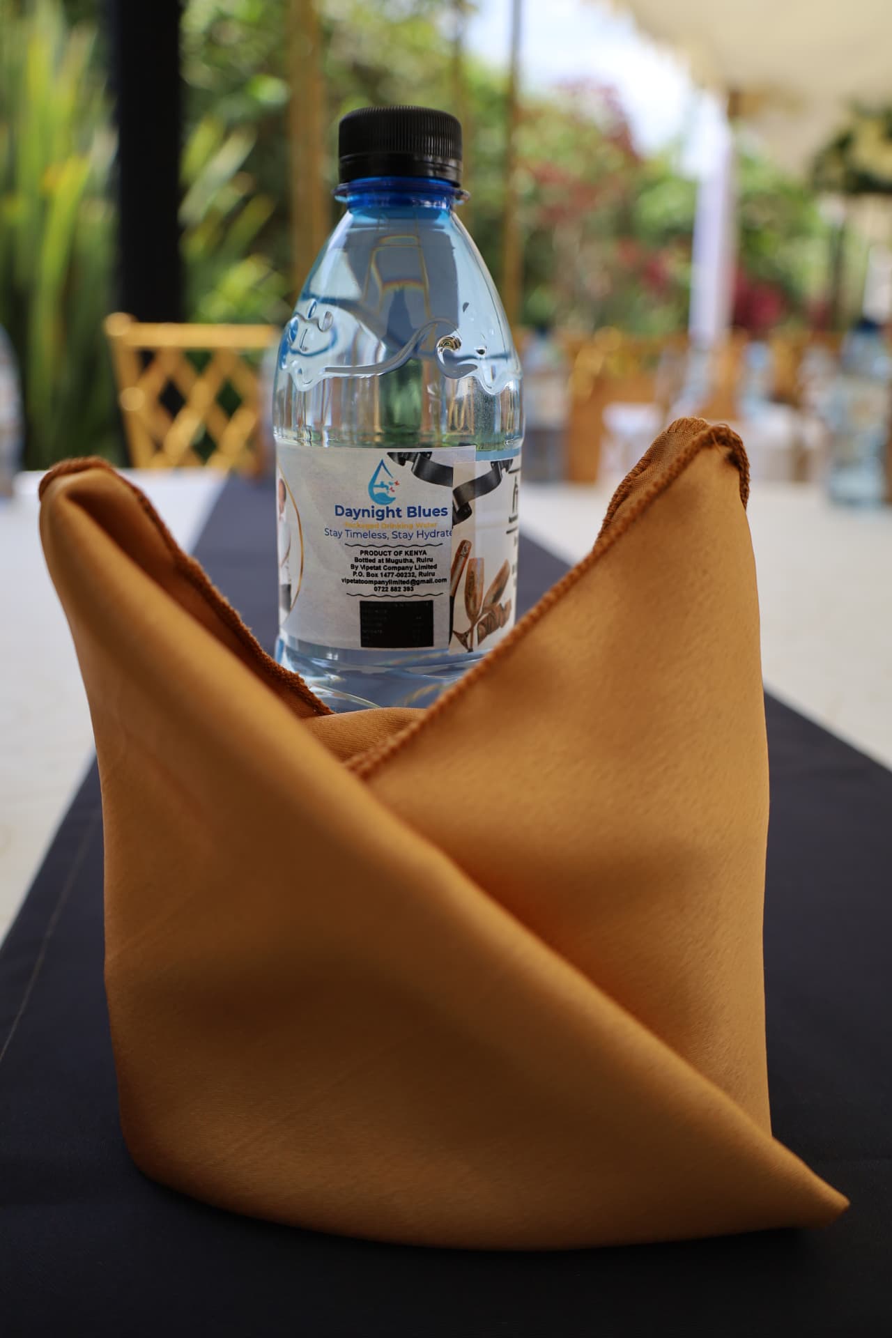 Single Daynight Blues bottle beside a folded gold napkin at a garden place setting